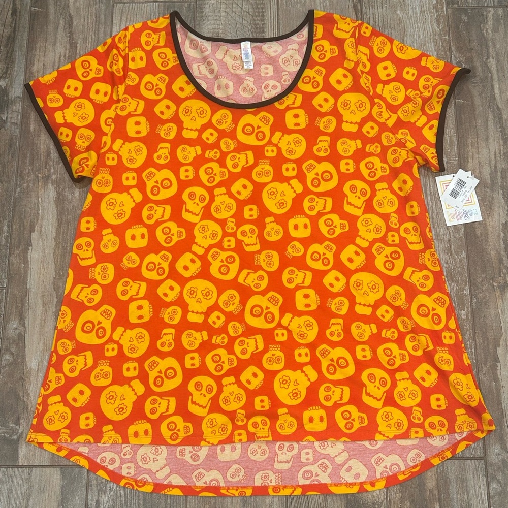 LuLaRoe  Sugar Skull Women 3X Orange Classic Shirt Halloween Día De Los Muertos